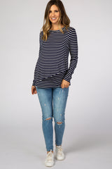 Navy Blue Striped Layered Front Long Sleeve Maternity/Nursing Top