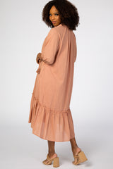 Pink Linen Button Front Ruffled Hem Midi Dress