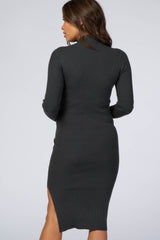 Olive RIbbed Fitted Mock Neck Long Sleeve Maternity Midi Dress