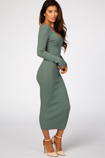Olive V-Neck Long Sleeve Fitted Maxi Dress