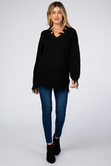 Black Fringe Hem V-Neck Maternity Sweater