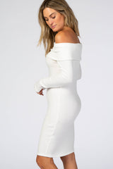 Ivory Soft Ribbed Folded Neck Off Shoulder Dress