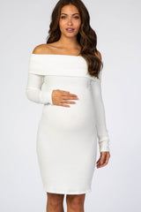 Ivory Soft Ribbed Folded Neck Off Shoulder Maternity Dress