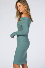 Teal Soft Ribbed Folded Neck Off Shoulder Dress