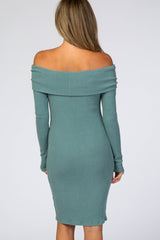 Teal Soft Ribbed Folded Neck Off Shoulder Dress