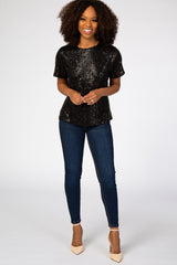 Black Sequin Short Sleeve Blouse