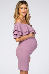 Violet Layered Ruffle Off Shoulder Fitted Maternity Dress