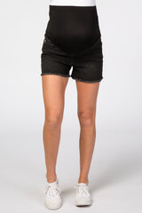 Black Fringe Hem Maternity Denim Shorts