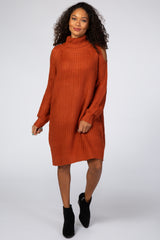 Rust Cold Shoulder Turtleneck Maternity Sweater Dress