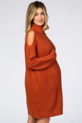 Rust Cold Shoulder Turtleneck Maternity Sweater Dress