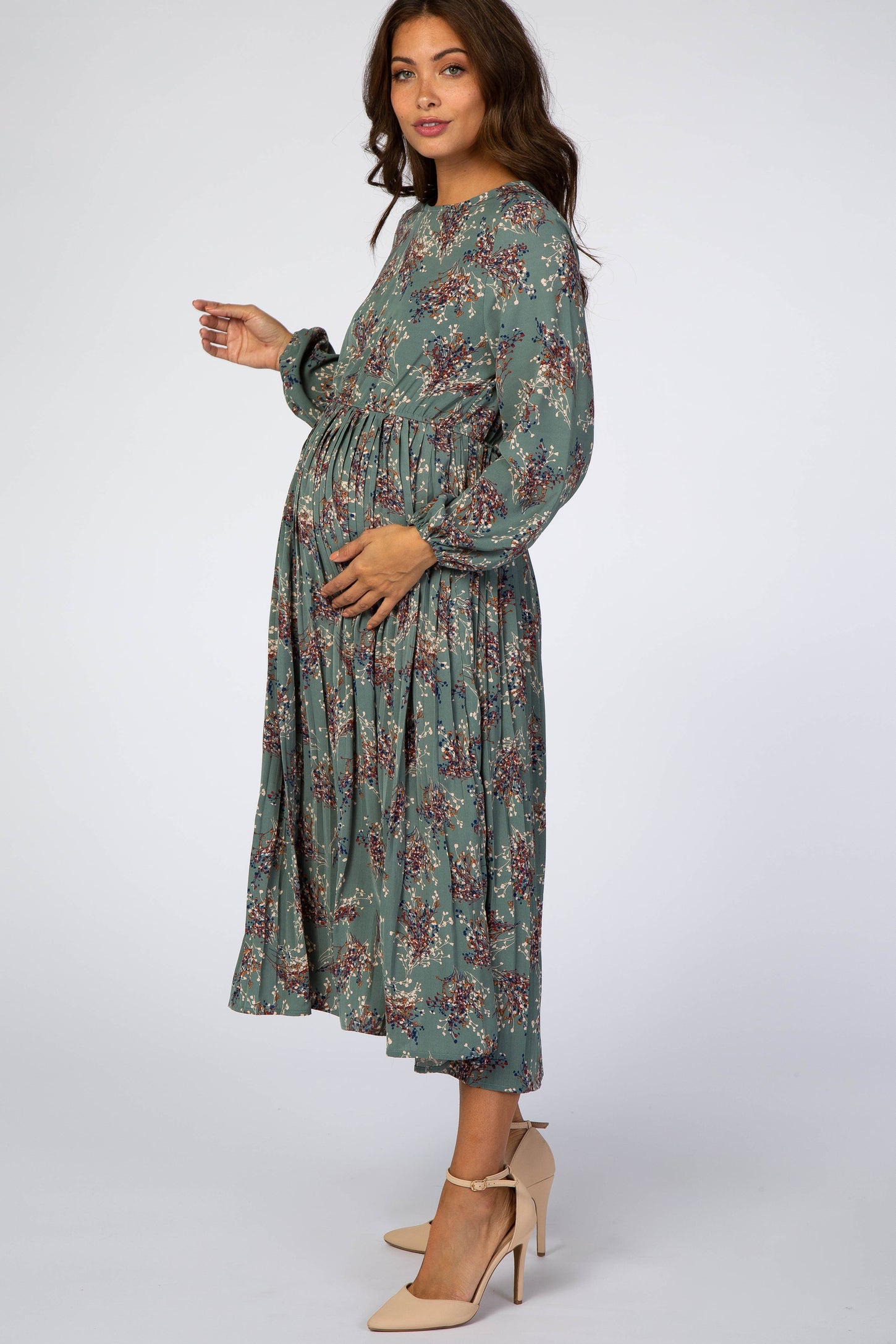 Jade Floral Pleated Skirt Maternity Midi Dress