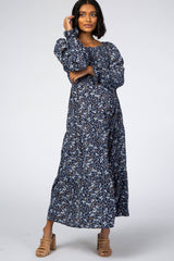 Navy Blue Floral Square Neck Smocked Maternity Maxi Dress