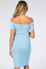 Turquoise  Solid Off Shoulder Maternity Fitted Dress