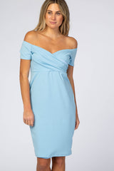 Turquoise  Solid Off Shoulder Fitted Dress