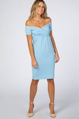 Turquoise  Solid Off Shoulder Maternity Fitted Dress