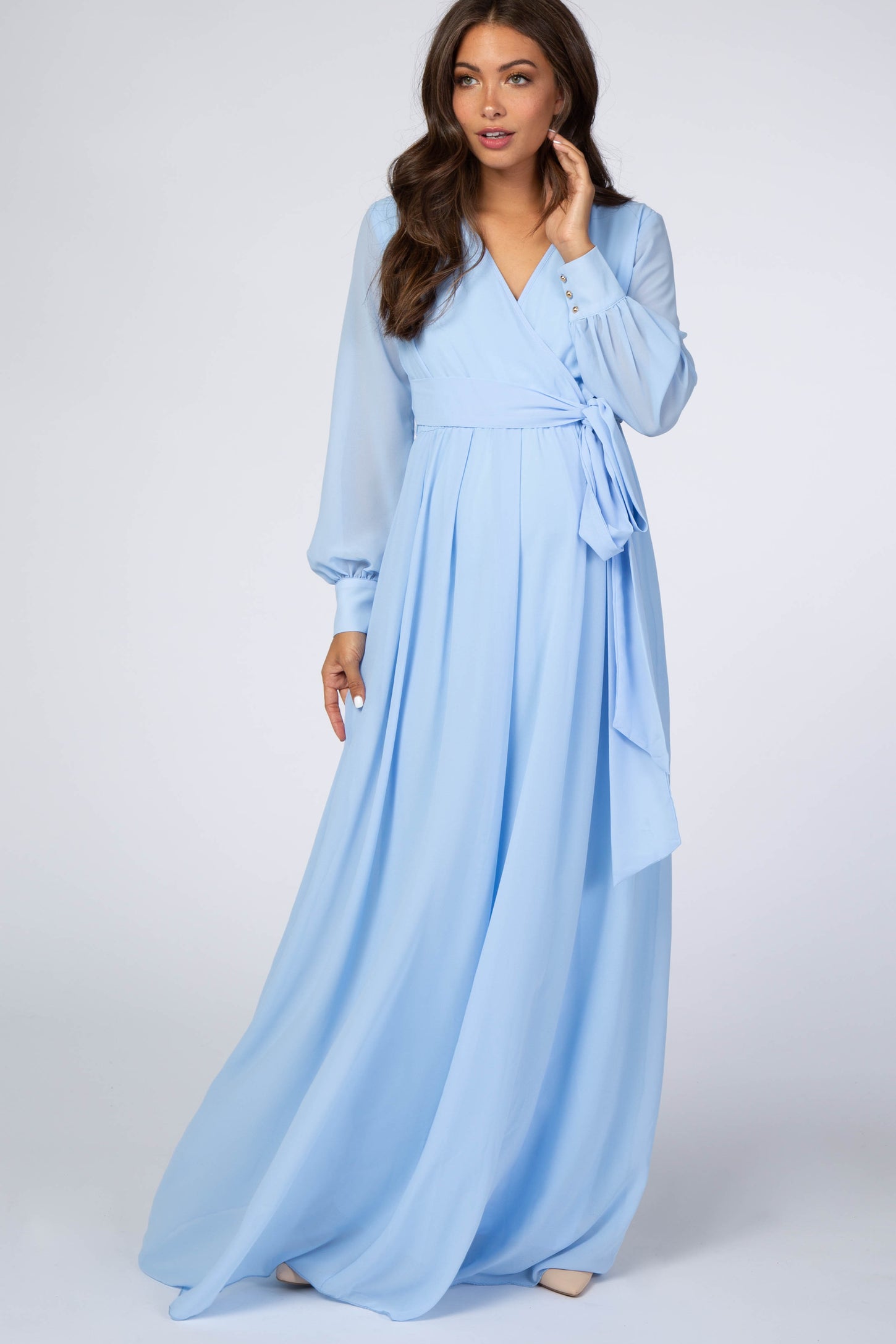 Light Blue Chiffon Long Sleeve Maternity Maxi Dress Light Blue Chiffon Long Sleeve Maternity Maxi Dress