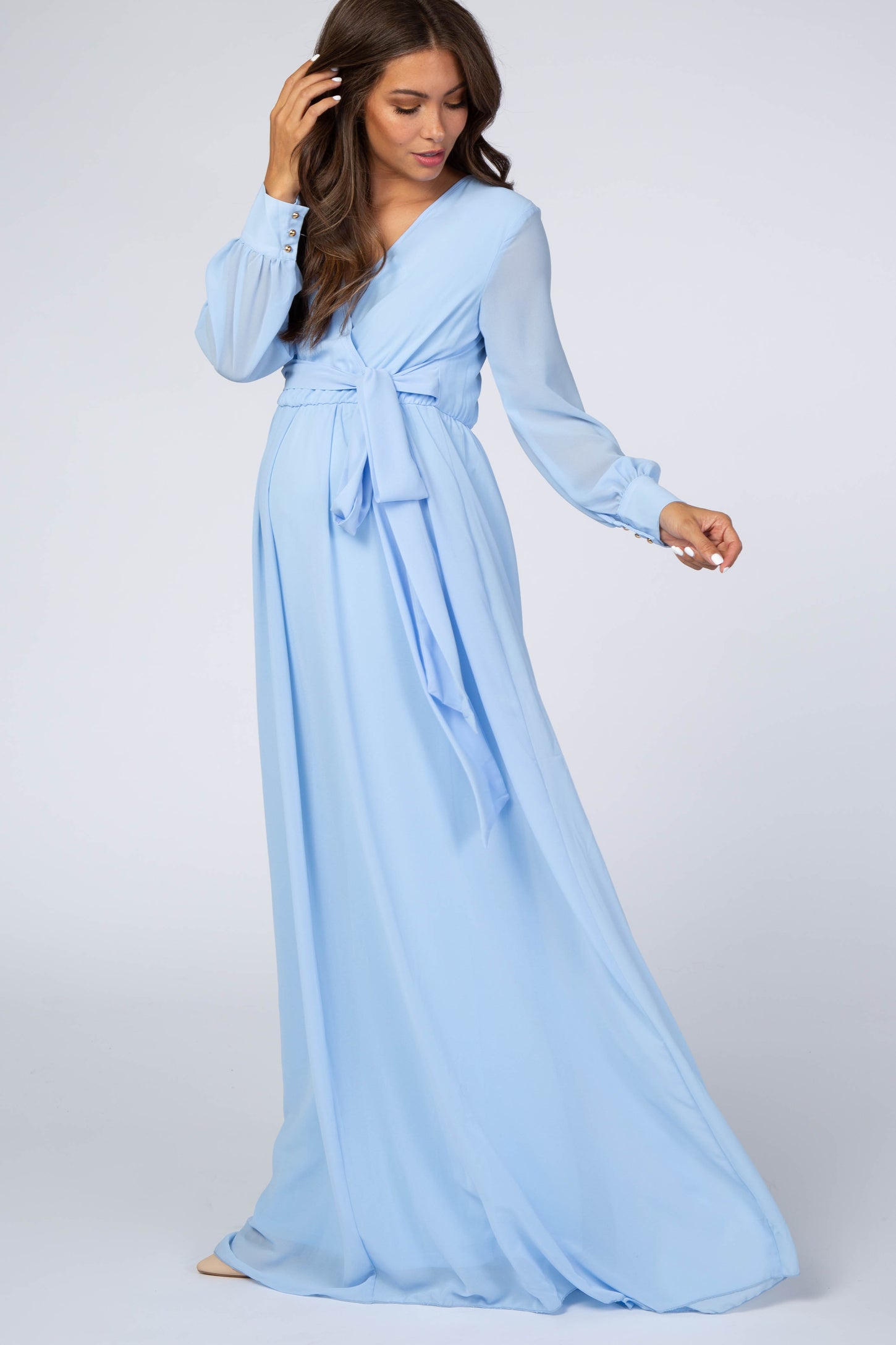 Light Blue Chiffon Long Sleeve Maternity Maxi Dress PinkBlush Light Blue Chiffon Long Sleeve Maternity Maxi Dress PinkBlush