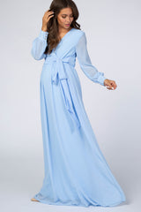 Light Blue Chiffon Long Sleeve Maternity Maxi Dress