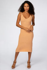Light Pink Fuzzy Knit Shoulder Tie Maternity Midi Dress