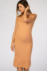Light Pink Fuzzy Knit Shoulder Tie Maternity Midi Dress