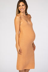 Light Pink Fuzzy Knit Shoulder Tie Maternity Midi Dress