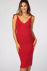 Red Fuzzy Knit Shoulder Tie Maternity Midi Dress