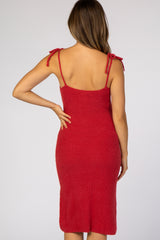 Red Fuzzy Knit Shoulder Tie Maternity Midi Dress