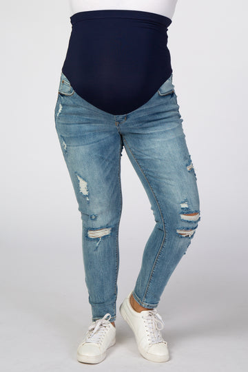 Blue Distressed Skinny Maternity Plus Jeans
