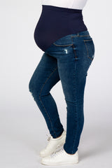 Navy Blue Distressed Skinny Maternity Plus Jeans