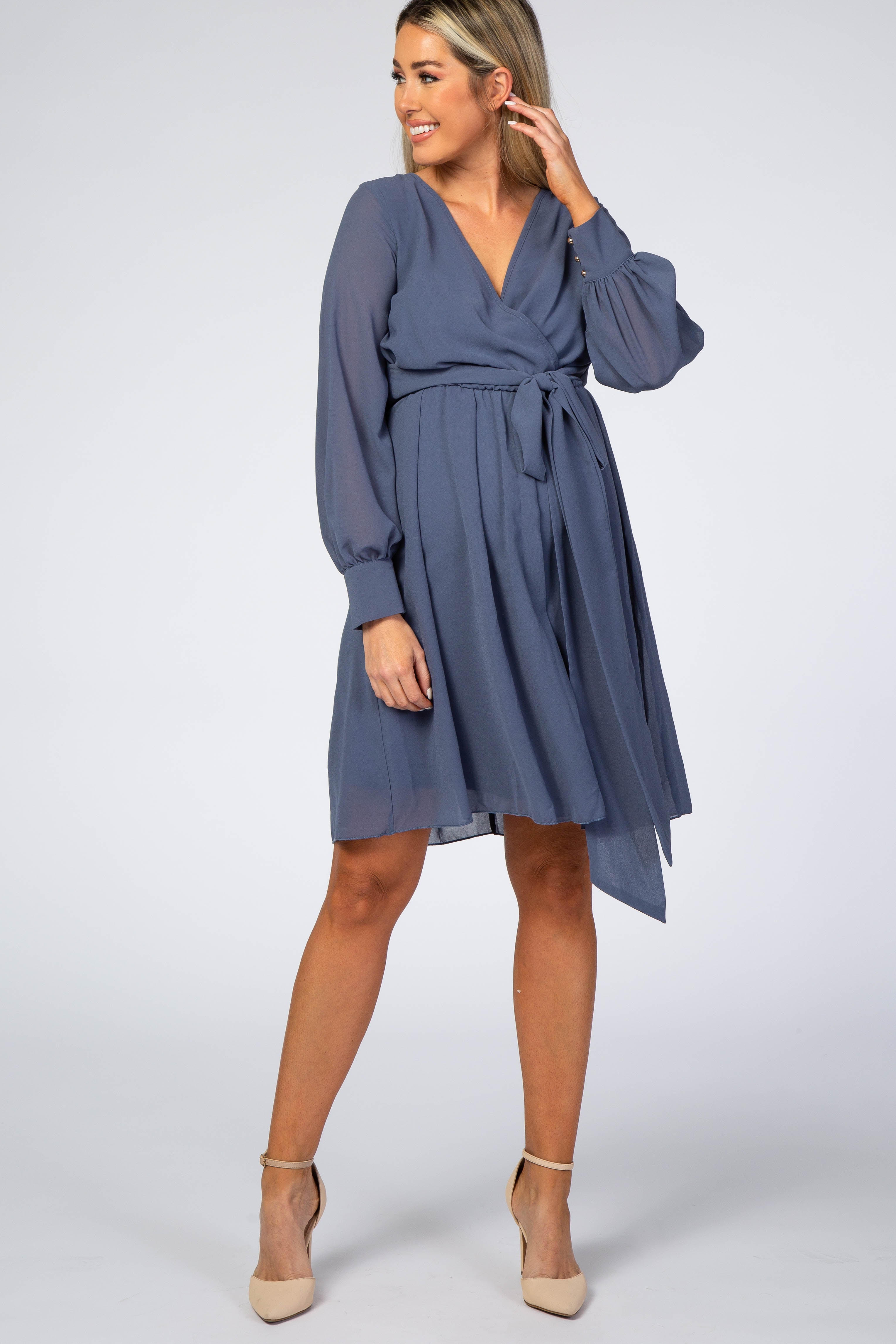 Dusty Blue Chiffon Maternity Wrap Dress Dusty Blue Chiffon Maternity Wrap Dress