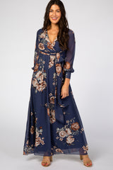 Navy Floral Chiffon Maternity Maxi Dress