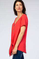 Coral Button Tie Front Top