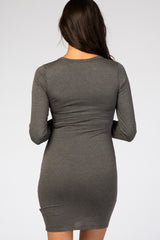 Grey Long Sleeve Wrap Hem Fitted Dress