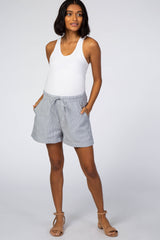 Blue Pinstripe Linen Drawstring Maternity Shorts