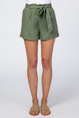 Olive Linen Pleated Front Tie Shorts