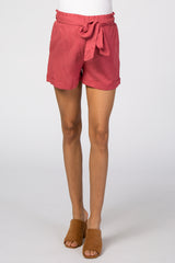 Mauve Linen Pleated Front Tie Maternity Shorts