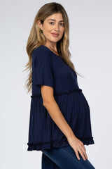 Navy Blue Lettuce Trim Maternity Top