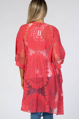 Pink Lace Mesh 3/4 Sleeve Maternity Cover Up