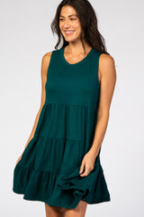 Forest Green Soft Knit Pleated Tiered Sleeveless Dress
