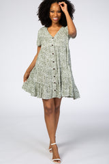 Olive Floral Ruffle Tiered Button Front Dress