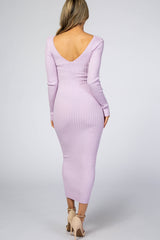 Lavender V-Neck Long Sleeve Fitted Maxi Dress