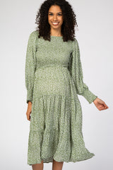 Light Olive Floral Smocked Front Tiered Maternity Midi Dress
