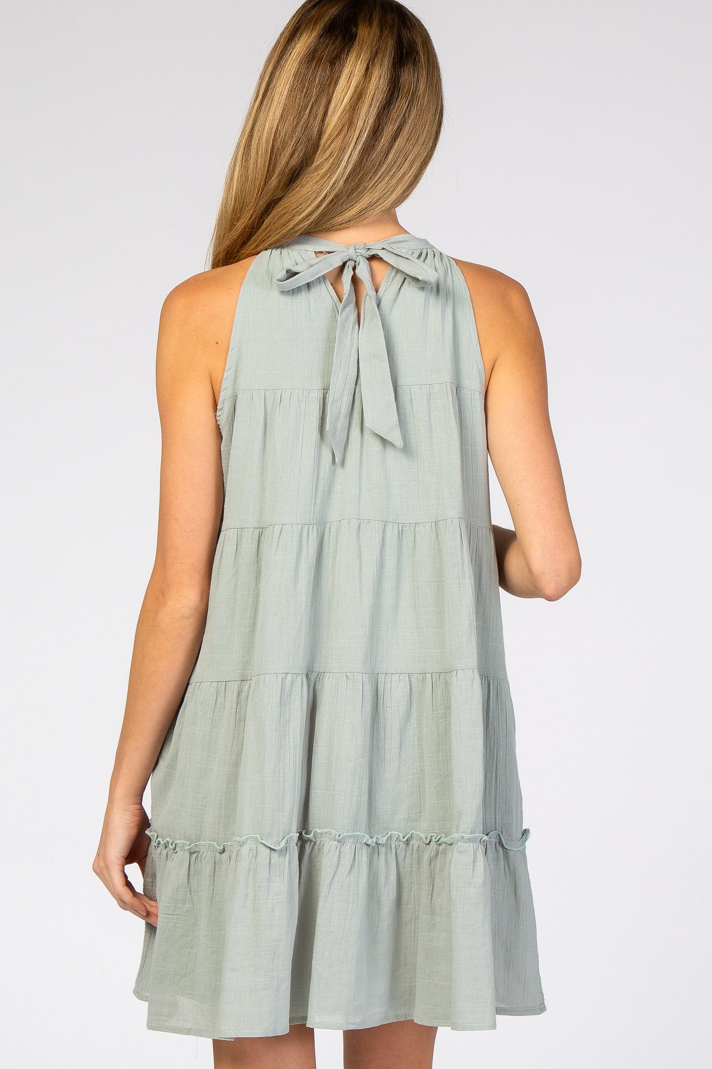 Mint Green Mock Neck Ruffle Tiered Linen Maternity Dress