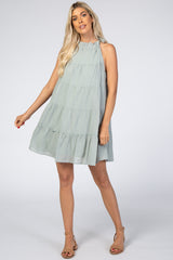 Mint Green Mock Neck Ruffle Tiered Linen Maternity Dress