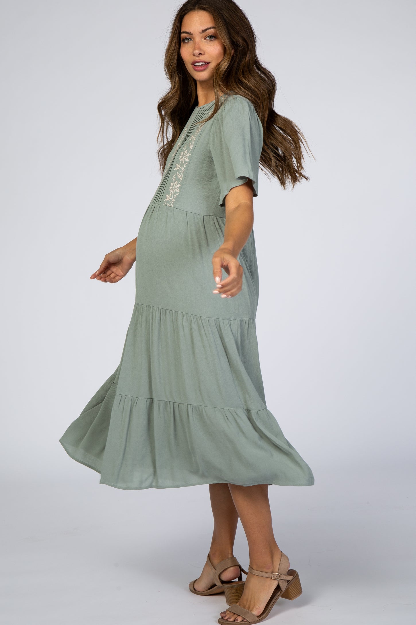 Light Olive Floral Embroidered Tiered Maternity Midi Dress