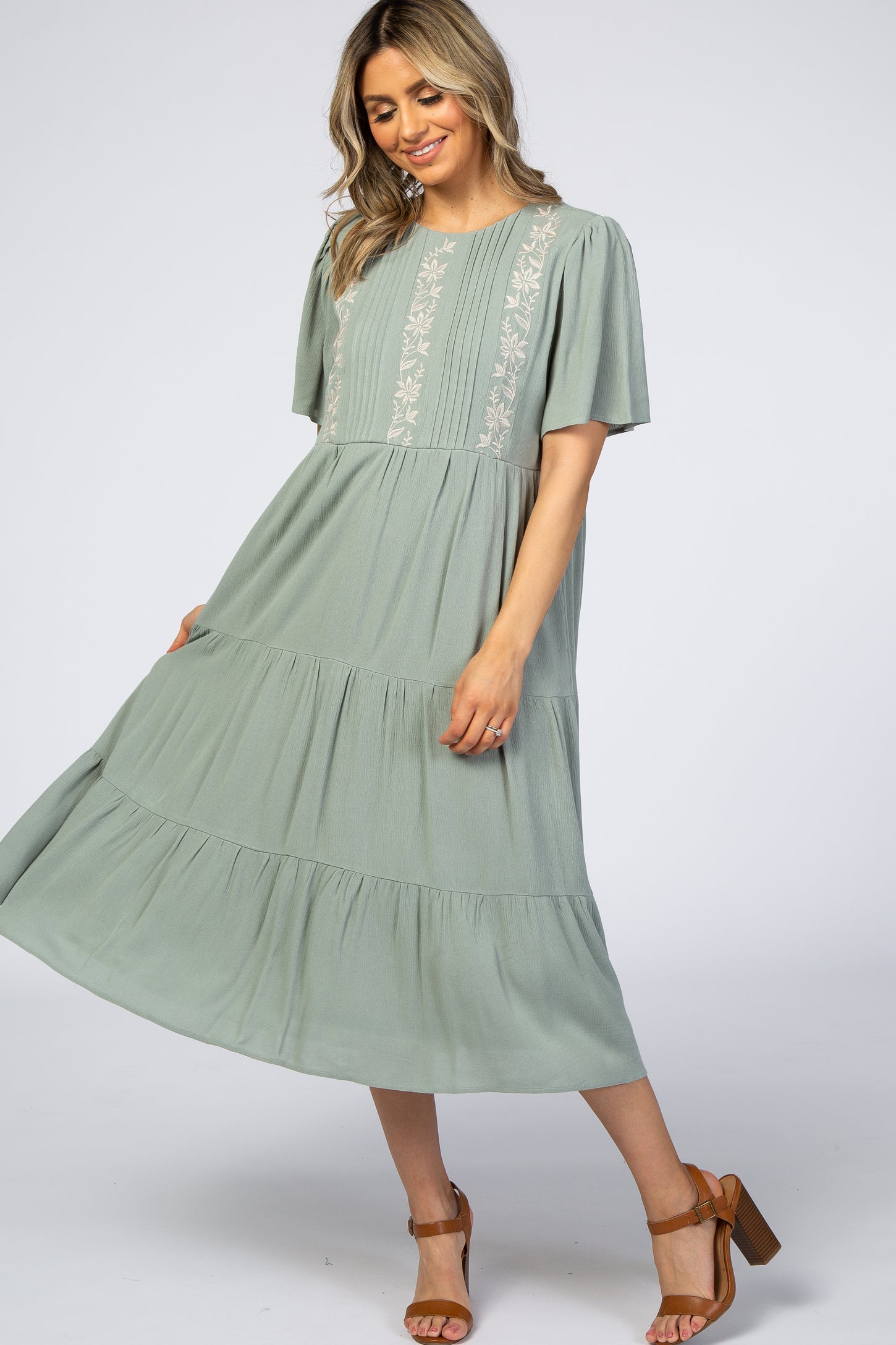 Light Olive Floral Embroidered Tiered Maternity Midi Dress