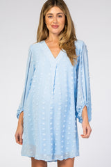 Light Blue Swiss Dot Bubble Sleeve Maternity Dress