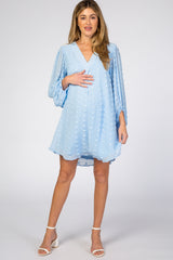 Light Blue Swiss Dot Bubble Sleeve Maternity Dress