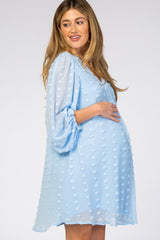 Light Blue Swiss Dot Bubble Sleeve Maternity Dress