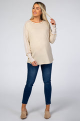 Beige Waffle Knit Long Button Sleeve Maternity Top